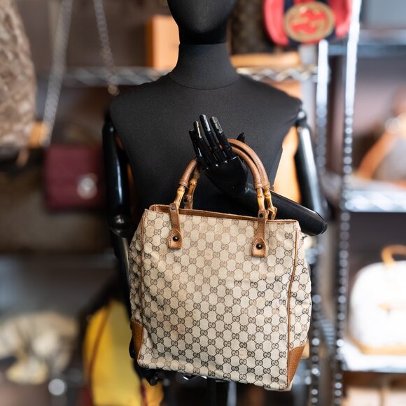 GUCCI GG Canvas Bamboo Tote Medium Large Vintage - Picture 2 of 16